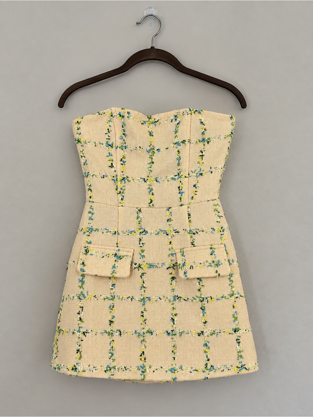 Vici Cream Strapless Tweed Mini Dress with Blue & Yellow Floral Grid - XS